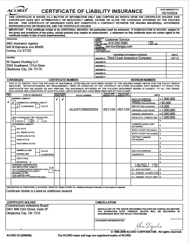 30 Square Roofing's 2024 GL Certificate