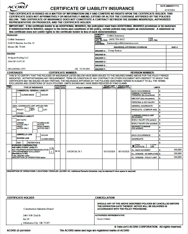30 Square Roofing's 2024 WC Certificate